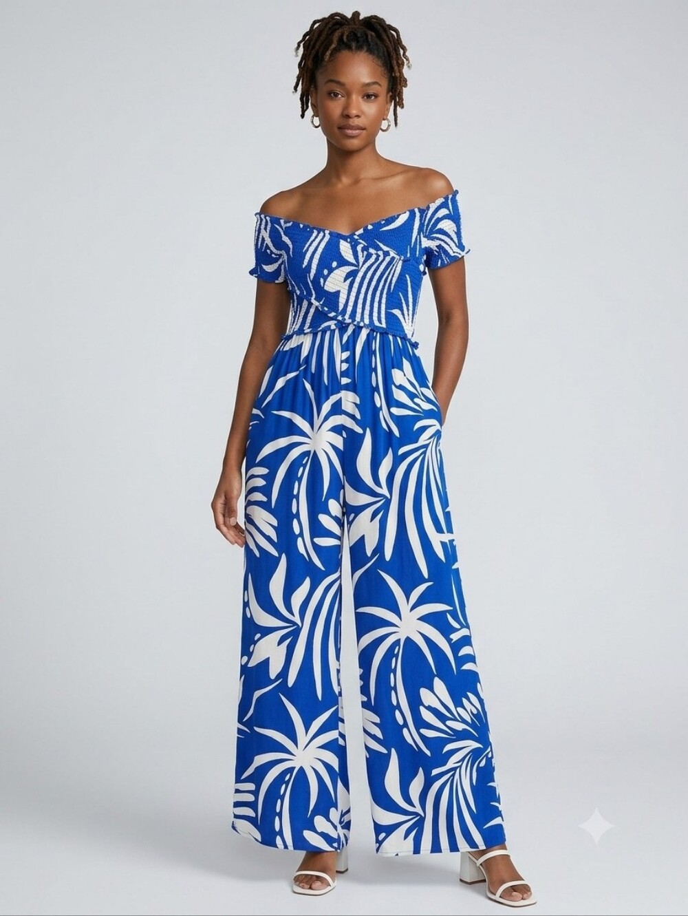 ​Patrons of Peace Blue & White Tropical Leaf Off-Shoulder Smocked Jumpsuit Large
